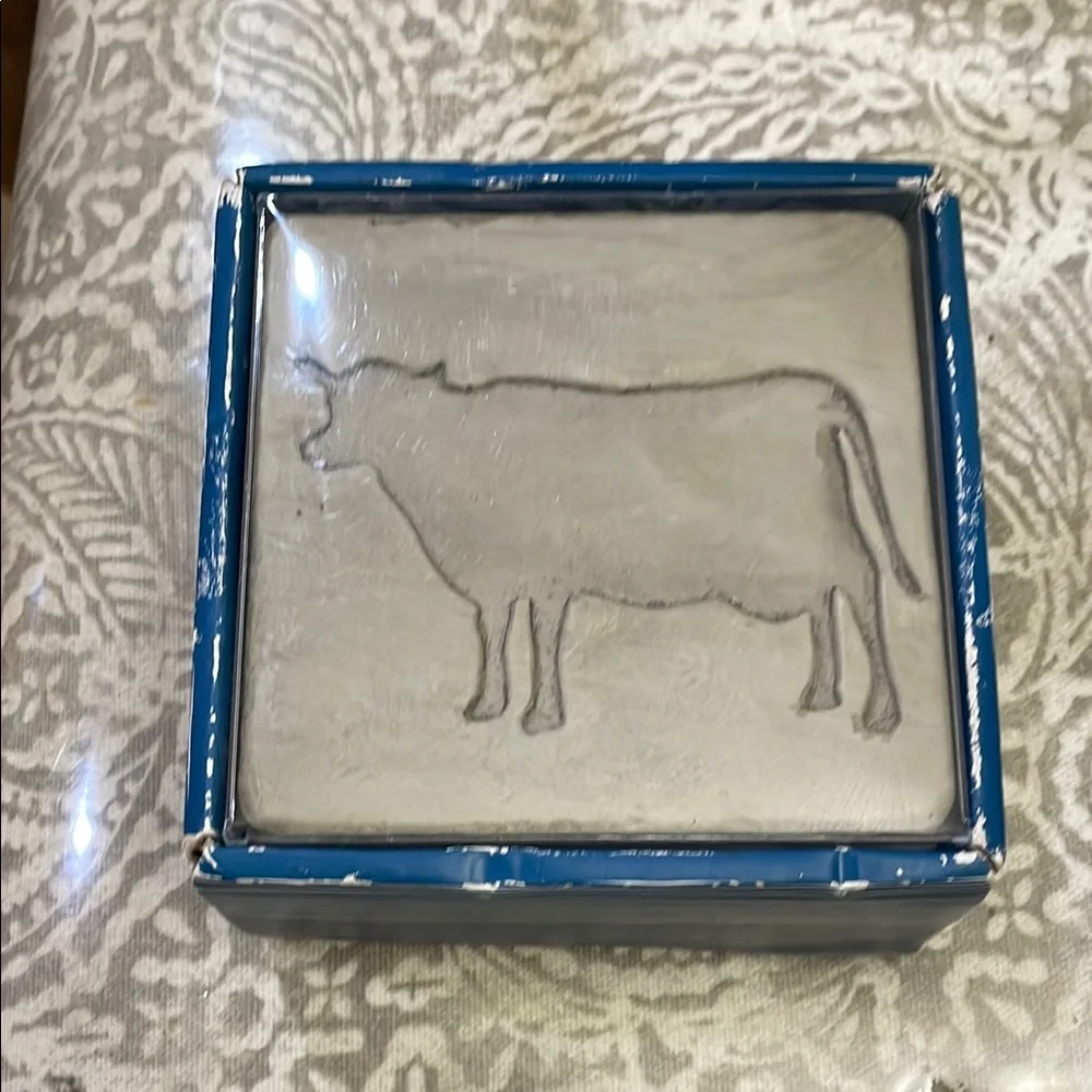 Pier 1 Imports Farm Animal Gray Coasters Set 4 cow chicken pig‎ rooster